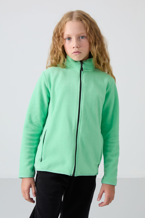 Su Yeşil Kalın Yumuşak Dokulu Standart Fit Nakışlı Polar Kız Çocuk Sweatshirt - 75154 - 4