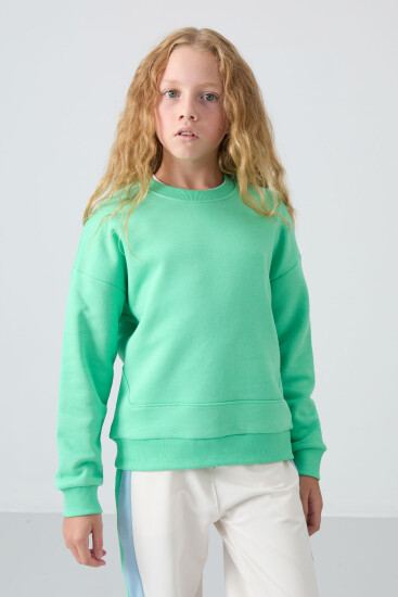 Su Yeşil Pamuklu İçi Tüylü Yumuşak Dokulu Rahat Form Nakışlı Kız Çocuk Sweatshirt - 75150 