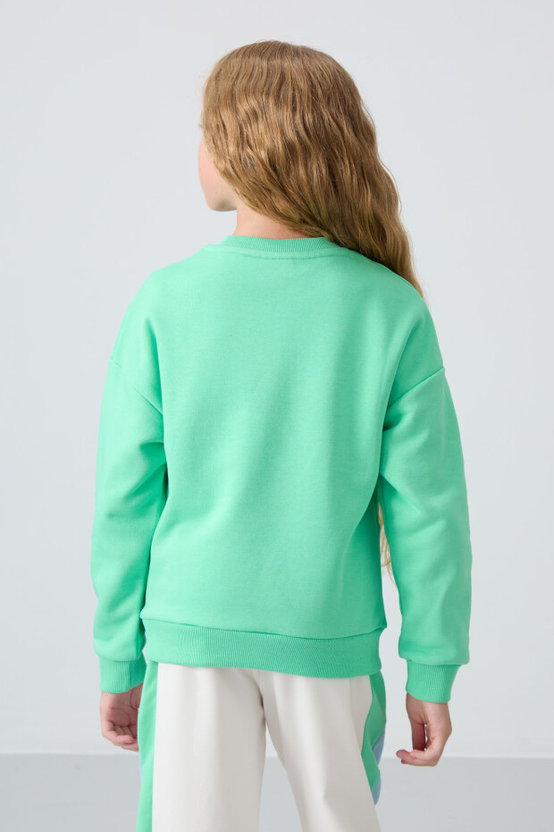 Su Yeşil Pamuklu İçi Tüylü Yumuşak Dokulu Rahat Form Nakışlı Kız Çocuk Sweatshirt - 75150 - 5