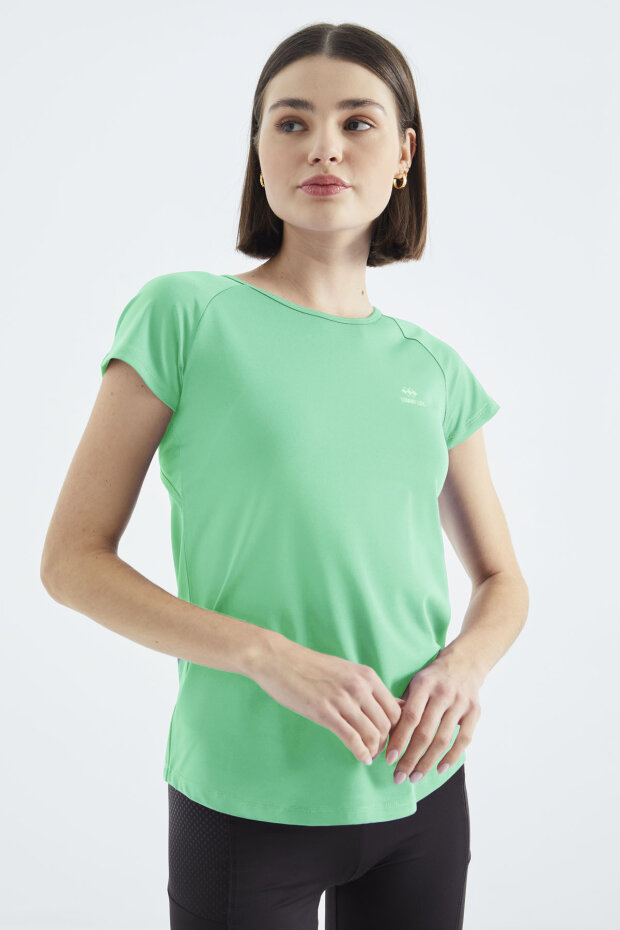 Su Yeşili Sırt Pencereli Kısa Kol Standart Kalıp O Yaka Kadın T-Shirt - 97101 - 1