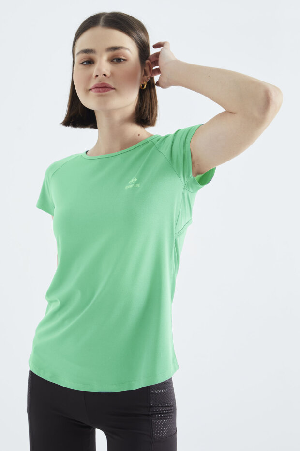 Su Yeşili Sırt Pencereli Kısa Kol Standart Kalıp O Yaka Kadın T-Shirt - 97101 - 4