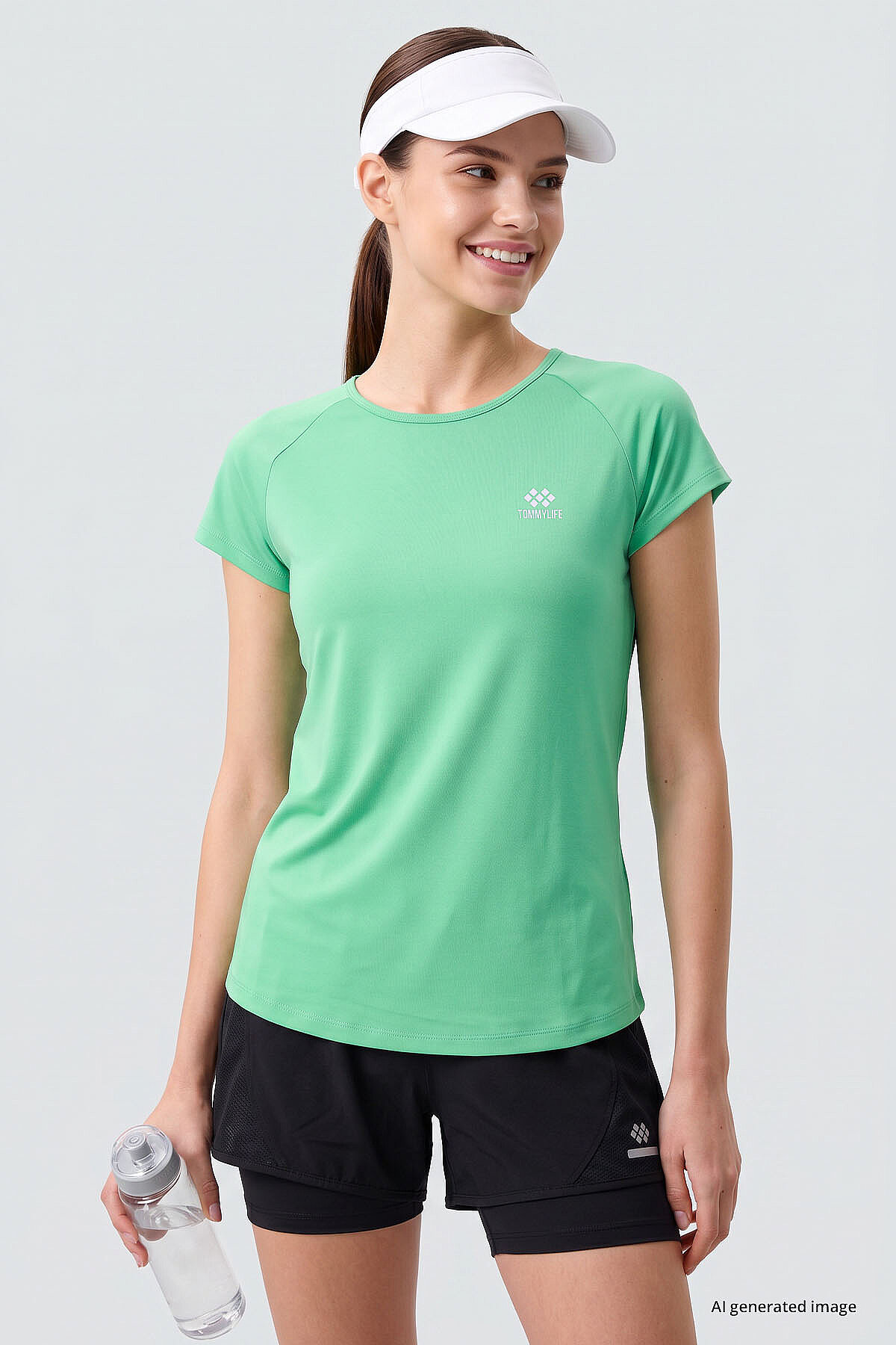 Su Yeşili Sırt Pencereli Kısa Kol Standart Kalıp O Yaka Kadın T-Shirt - 97101 - TOMMYLIFE