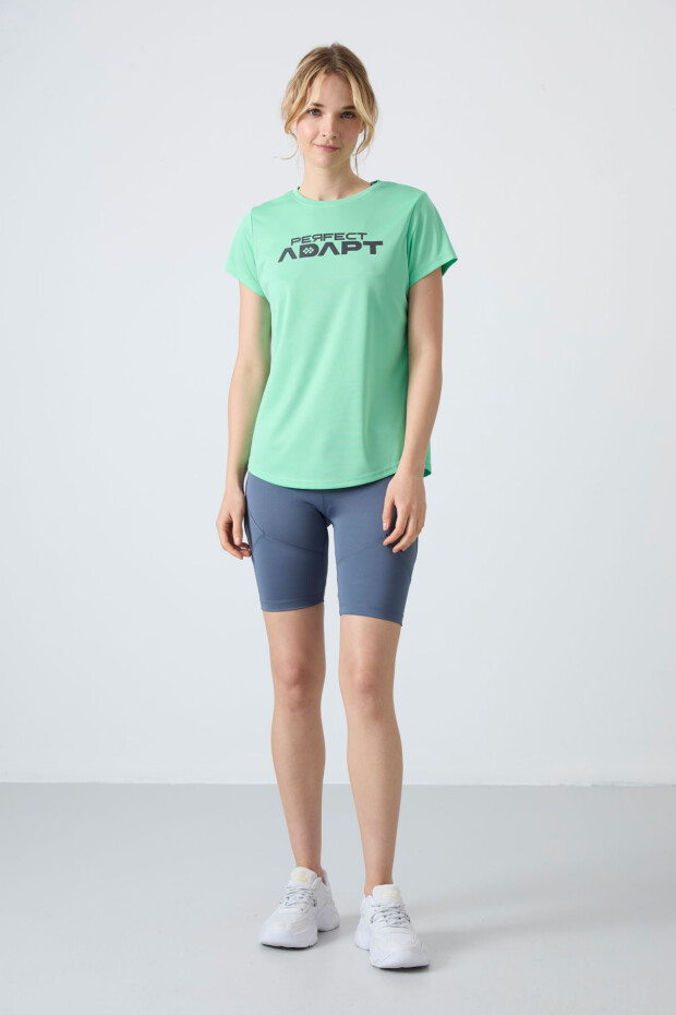 Su Yeşili Nefes Alan Dokulu İnce Esnek Standart Fit Performans Kadın T-Shirt - 97283 - 2
