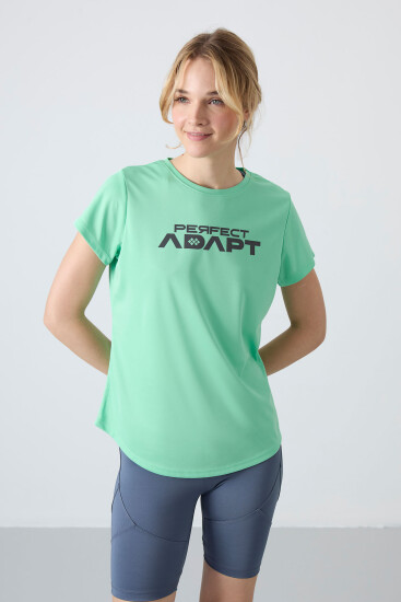 Su Yeşili Nefes Alan Dokulu İnce Esnek Standart Fit Performans Kadın T-Shirt - 97283 