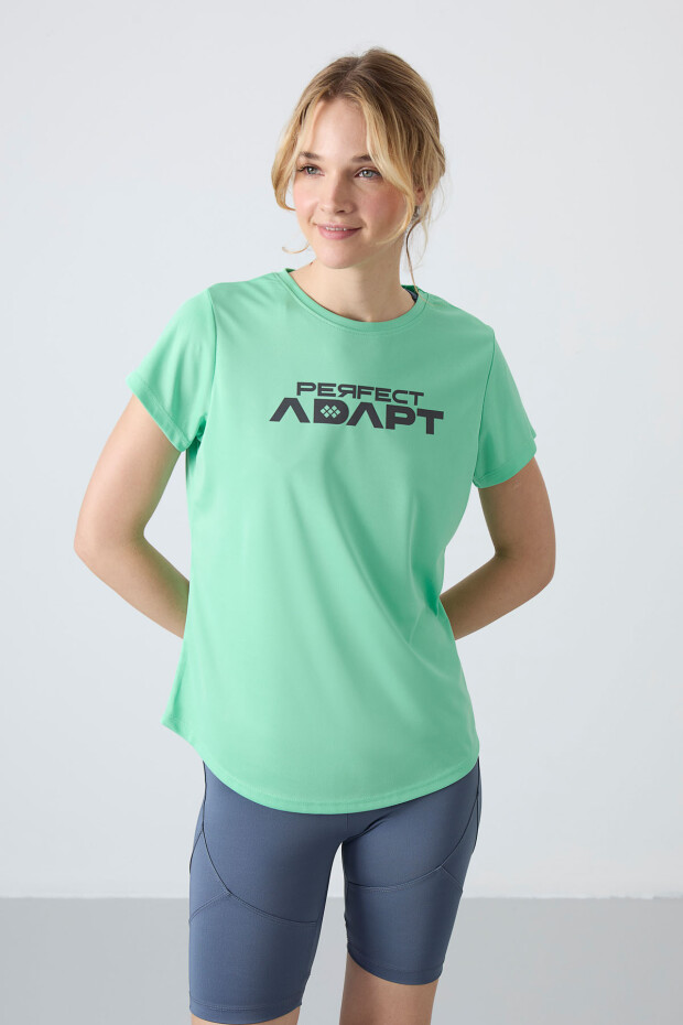 Su Yeşili Nefes Alan Dokulu İnce Esnek Standart Fit Performans Kadın T-Shirt - 97283 - 1