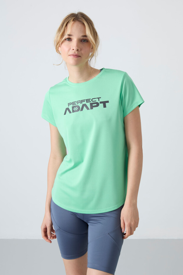 Su Yeşili Nefes Alan Dokulu İnce Esnek Standart Fit Performans Kadın T-Shirt - 97283 - 4