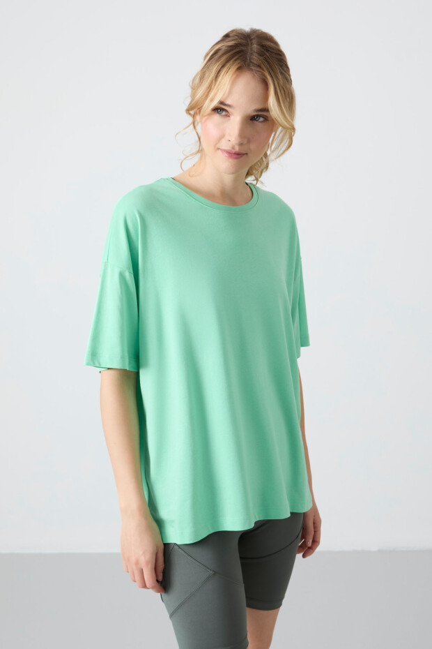 Su Yeşili Penye Modal Yumuşak Tuşeli Oversize Fit Basic Kadın T-Shirt- 97285 - 5