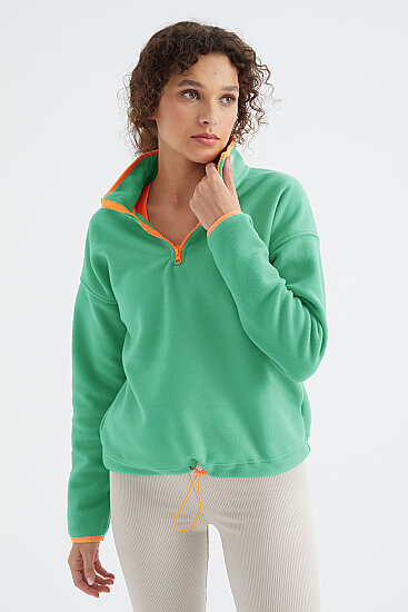 Su Yeşili Yarım Fermuar Etek Ucu Büzgülü Dik Yaka Standart Kalıp Kadın Polar Sweatshirt - 97234 
