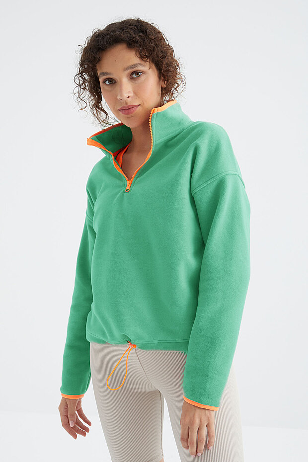 Su Yeşili Yarım Fermuar Etek Ucu Büzgülü Dik Yaka Standart Kalıp Kadın Polar Sweatshirt - 97234 - 3
