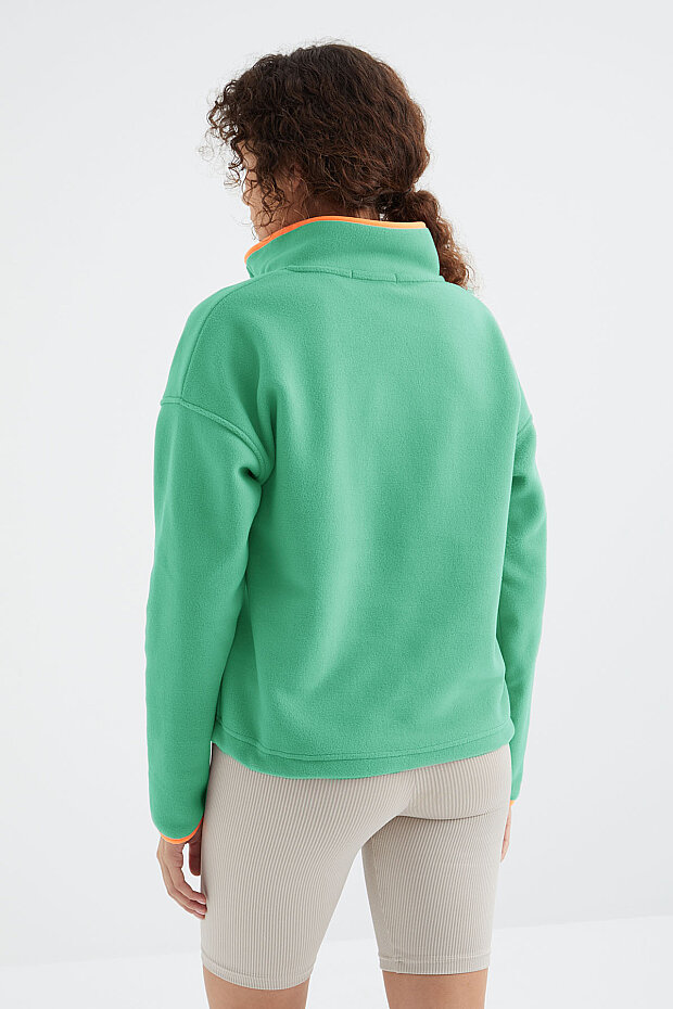 Su Yeşili Yarım Fermuar Etek Ucu Büzgülü Dik Yaka Standart Kalıp Kadın Polar Sweatshirt - 97234 - 7