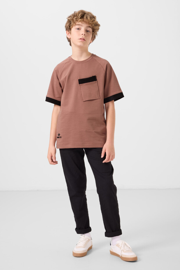 Tarçın Pamuklu Yumuşak Dokulu Oversize Cep Detaylı Erkek Çocuk T-Shirt - 11295 - 2