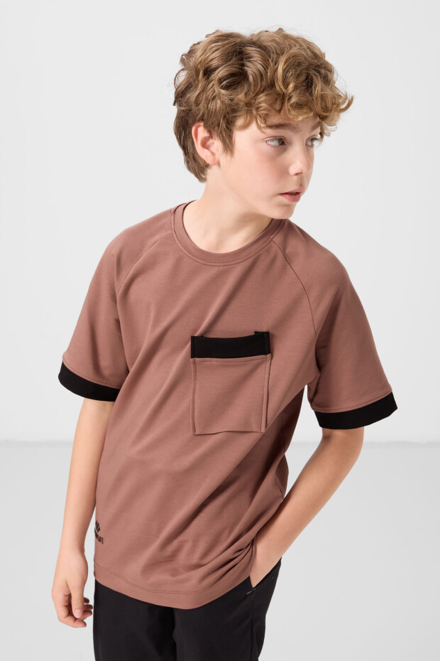 Tarçın Pamuklu Yumuşak Dokulu Oversize Cep Detaylı Erkek Çocuk T-Shirt - 11295 - 3