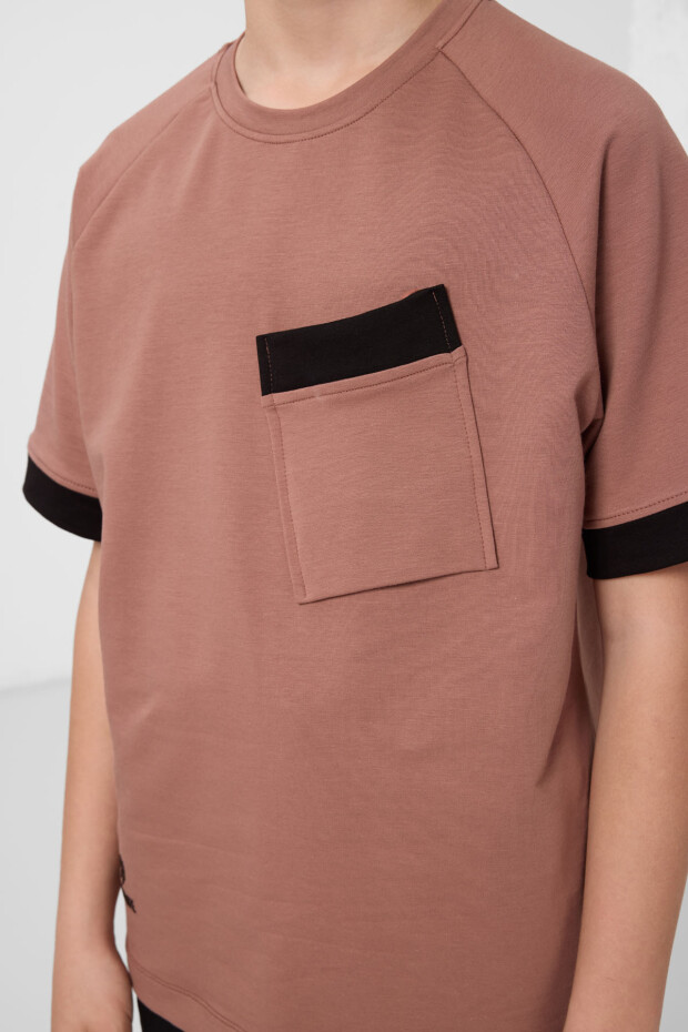 Tarçın Pamuklu Yumuşak Dokulu Oversize Cep Detaylı Erkek Çocuk T-Shirt - 11295 - 4