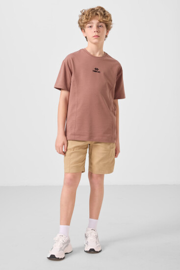 Tarçın-Koyu Bej Pamuklu Oversize Fit Dokuma Hafif Esnek Chino Erkek Çocuk Şort Takım - 11276 