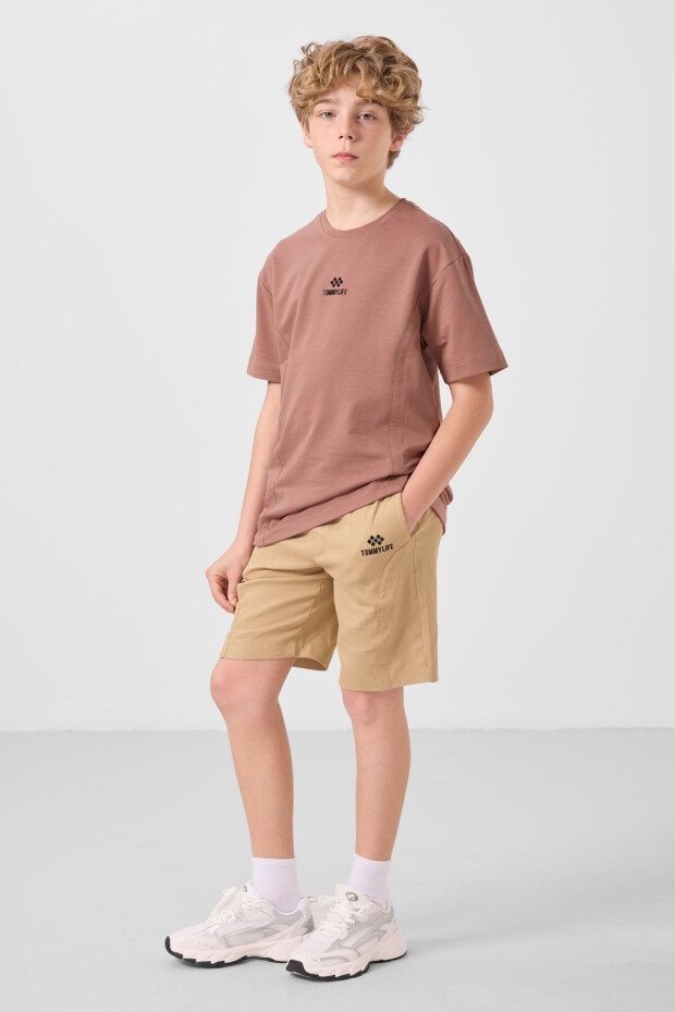 Tarçın-Koyu Bej Pamuklu Oversize Fit Dokuma Hafif Esnek Chino Erkek Çocuk Şort Takım - 11276 - 3