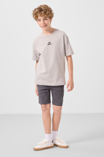 Taş-Antrasit Pamuklu Oversize Fit Dokuma Hafif Esnek Chino Erkek Çocuk Şort Takım - 11276 - TOMMYLIFE