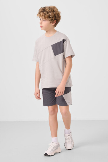 Taş-Antrasit Pamuklu Oversize Fit Dokuma Hafif Esnek Chino Erkek Çocuk Şort Takım - 11275 - TOMMYLIFE (1)