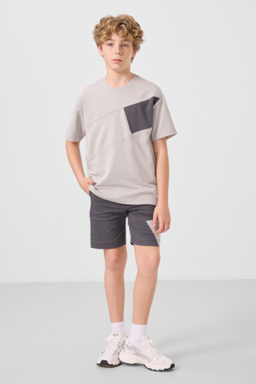Taş-Antrasit Pamuklu Oversize Fit Dokuma Hafif Esnek Chino Erkek Çocuk Şort Takım - 11275 - TOMMYLIFE