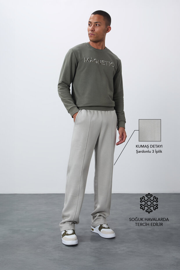 Taş Pamuklu Kalın İçi Tüylü Yumuşak Dokulu Oversize Nakışlı Erkek Eşofman Altı -82146 - 1