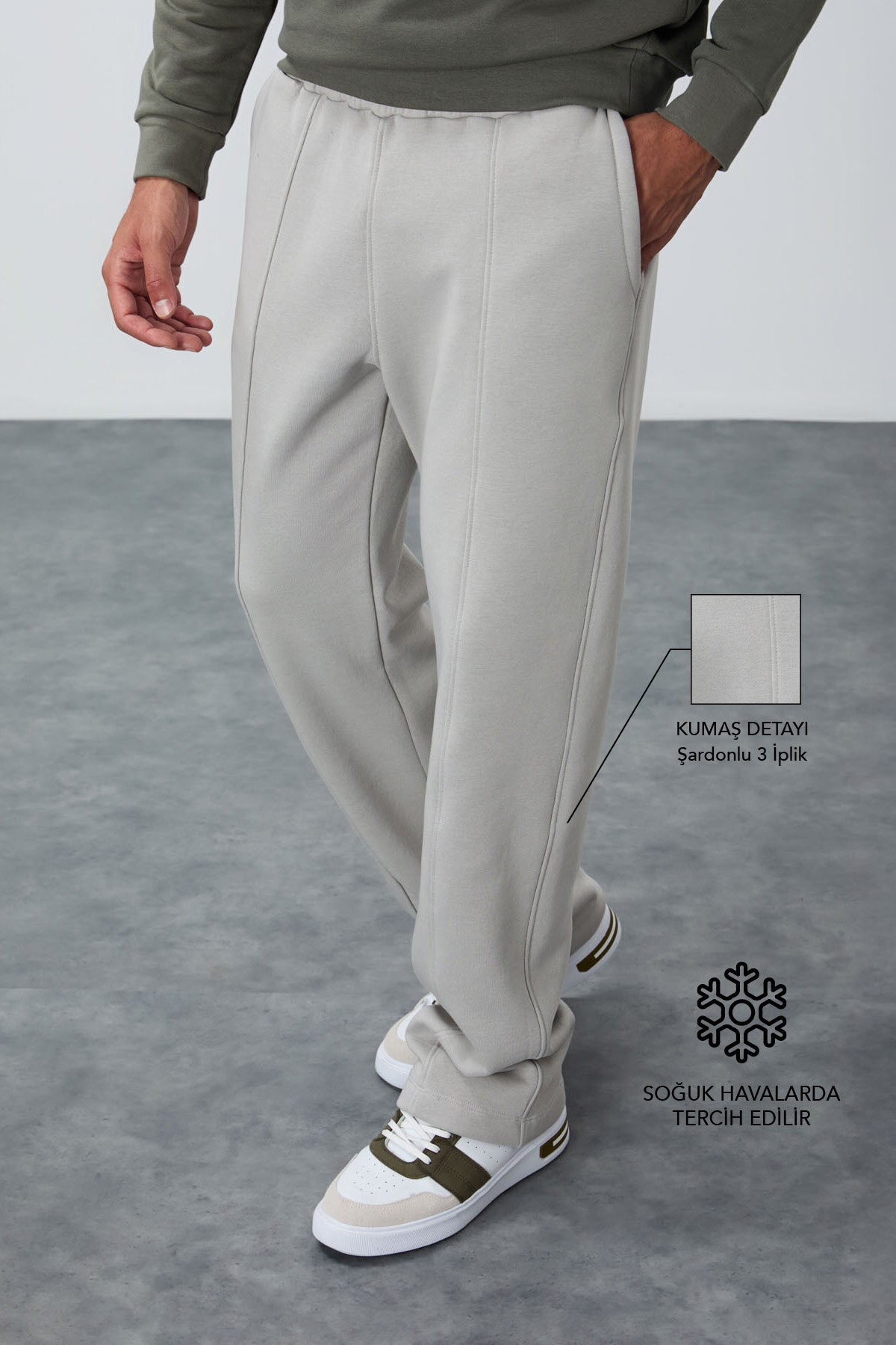 Taş Pamuklu Kalın İçi Tüylü Yumuşak Dokulu Oversize Nakışlı Erkek Eşofman Altı -82146 - TOMMYLIFE