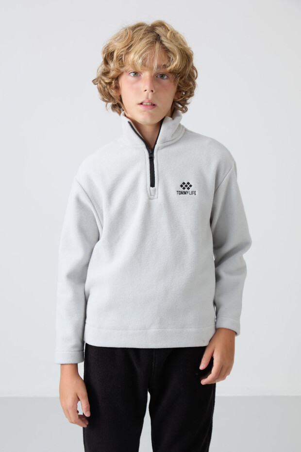 Taş Kalın Yumuşak Dokulu Standart Fit Nakışlı Polar Erkek Çocuk Sweatshirt - 11221 - 4
