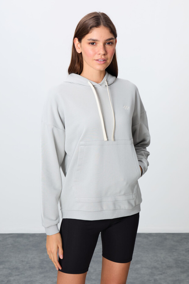 Taş Kompakt Pamuklu Kalın Pürüzsüz Dokulu Kapüşonlu Rahat Form Fit Kadın Sweatshirt - 97291 - 3