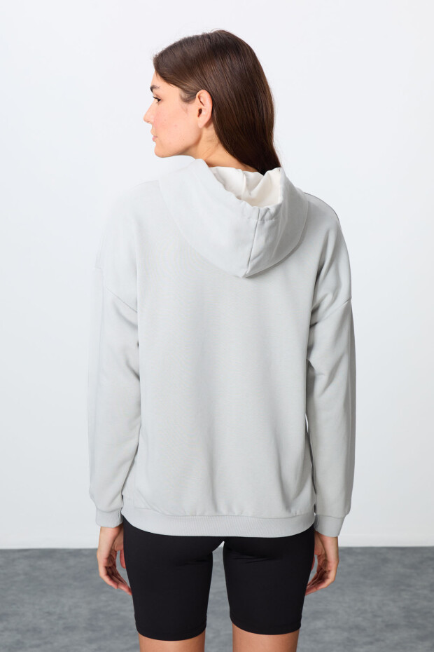 Taş Kompakt Pamuklu Kalın Pürüzsüz Dokulu Kapüşonlu Rahat Form Fit Kadın Sweatshirt - 97291 - 6