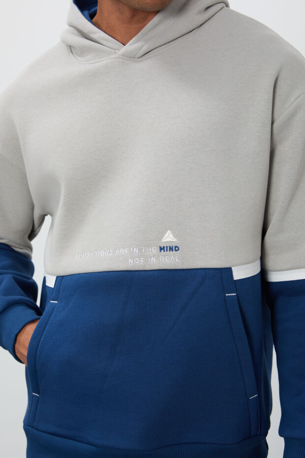 Taş Pamuklu Kalın İçi Tüylü Yumuşak Dokulu Comfort Fit Nakışlı Erkek Sweatshirt - 88417 - 2