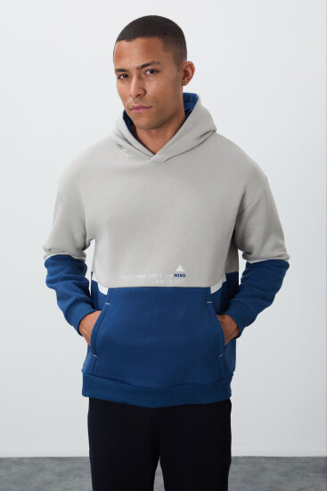 Taş Pamuklu Kalın İçi Tüylü Yumuşak Dokulu Comfort Fit Nakışlı Erkek Sweatshirt - 88417 