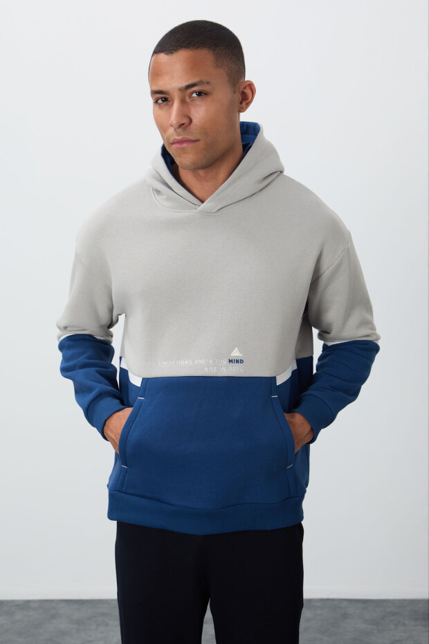 Taş Pamuklu Kalın İçi Tüylü Yumuşak Dokulu Comfort Fit Nakışlı Erkek Sweatshirt - 88417 - 1