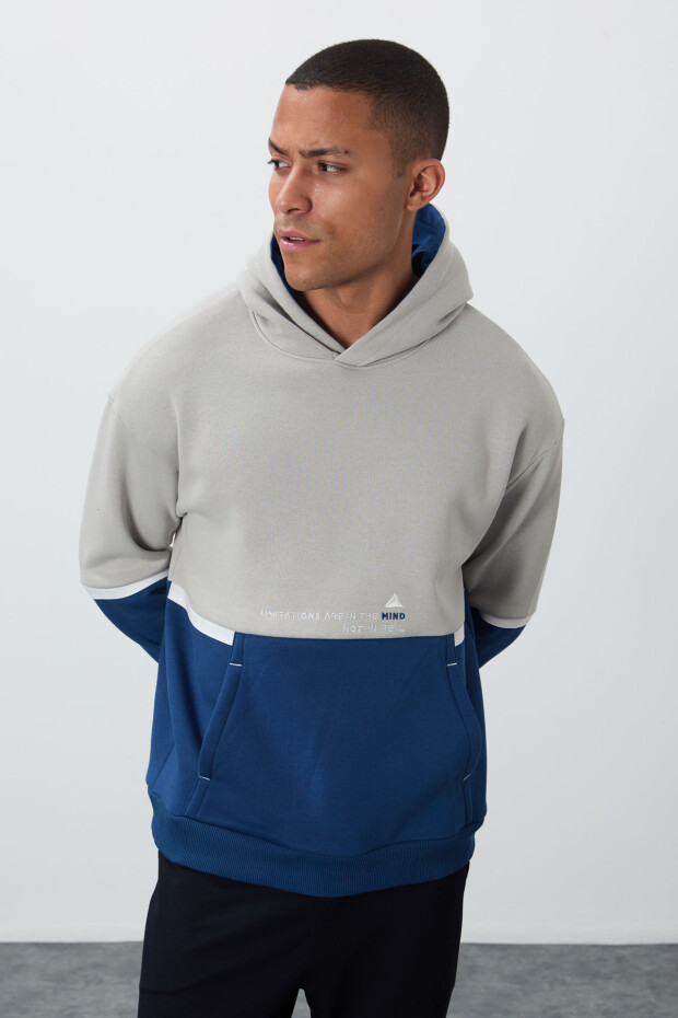 Taş Pamuklu Kalın İçi Tüylü Yumuşak Dokulu Comfort Fit Nakışlı Erkek Sweatshirt - 88417 - 4