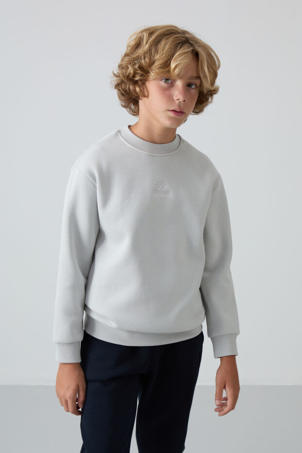 Taş Pamuklu Kalın İçi Tüylü Yumuşak Dokulu Standart Fit Nakışlı Erkek Çocuk Sweatshirt - 11232 - 1