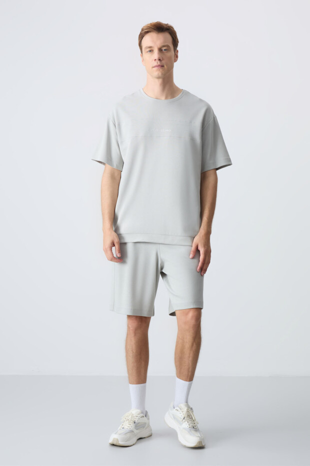 Taş Pamuklu Kalın Yumuşak Dokulu Oversize Fit Basic Erkek Şort Takım - 85257 - 1