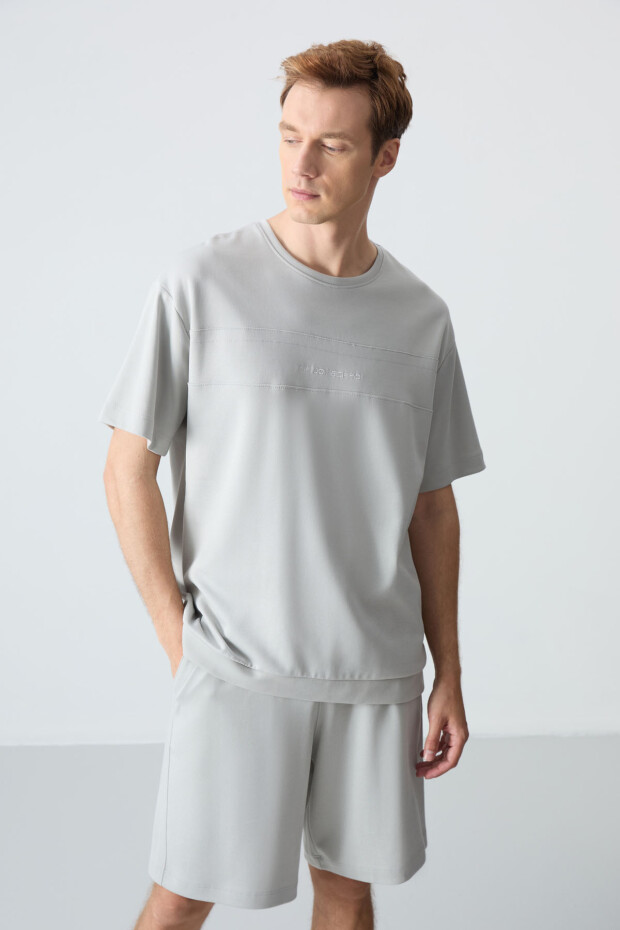 Taş Pamuklu Kalın Yumuşak Dokulu Oversize Fit Basic Erkek Şort Takım - 85257 - 2