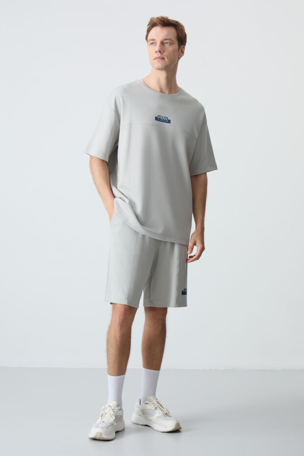 Taş Pamuklu Kalın Yumuşak Dokulu Oversize Fit Basic Erkek Şort Takım - 85259 - 7
