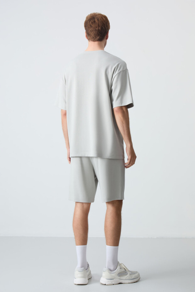 Taş Pamuklu Kalın Yumuşak Dokulu Oversize Fit Basic Erkek Şort Takım - 85259 - 9