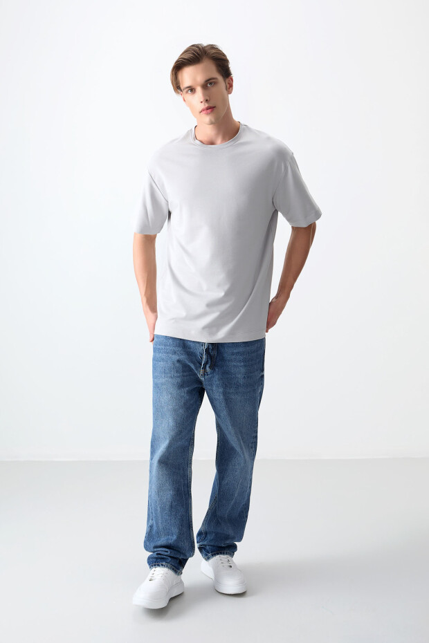 Taş Pamuklu Kalın Yumuşak Dokulu Oversize Fit Basic Erkek T-Shirt - 88377 - 3