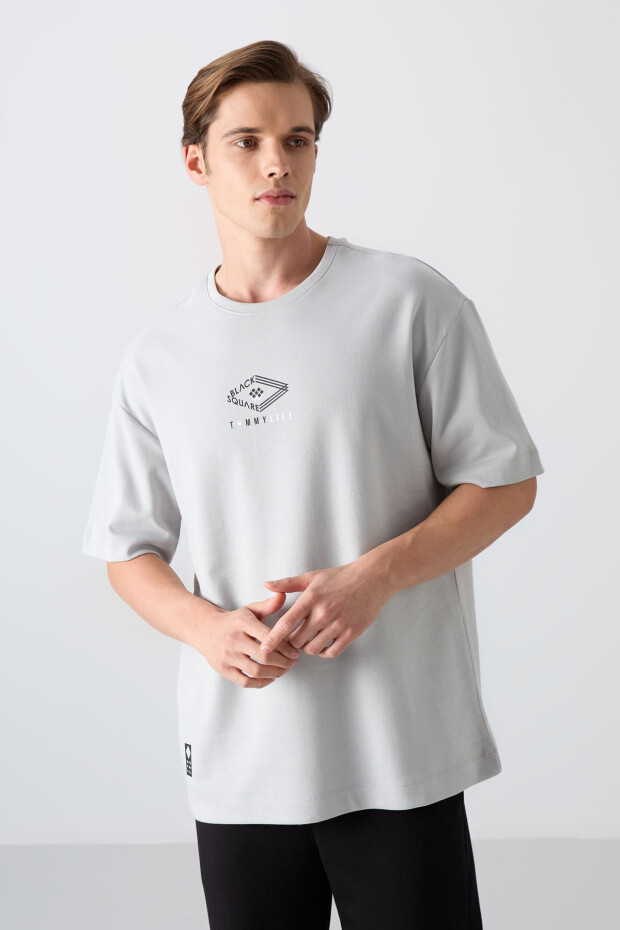 Taş Pamuklu Kalın Yumuşak Dokulu Oversize Fit Baskılı Erkek T-Shirt - 88325 - 4