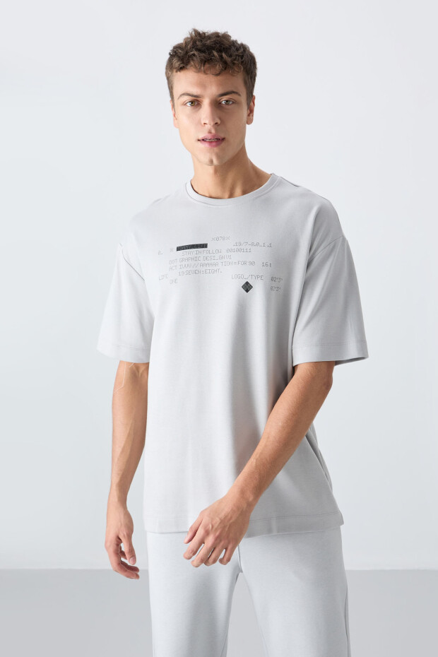 Taş Pamuklu Kalın Yumuşak Dokulu Oversize Fit Baskılı Erkek T-Shirt - 88326 - 1