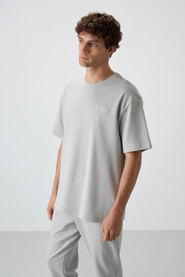 Taş Pamuklu Kalın Yumuşak Dokulu Oversize Fit Nakışlı Erkek Eşofman Takım - 85252 - 2