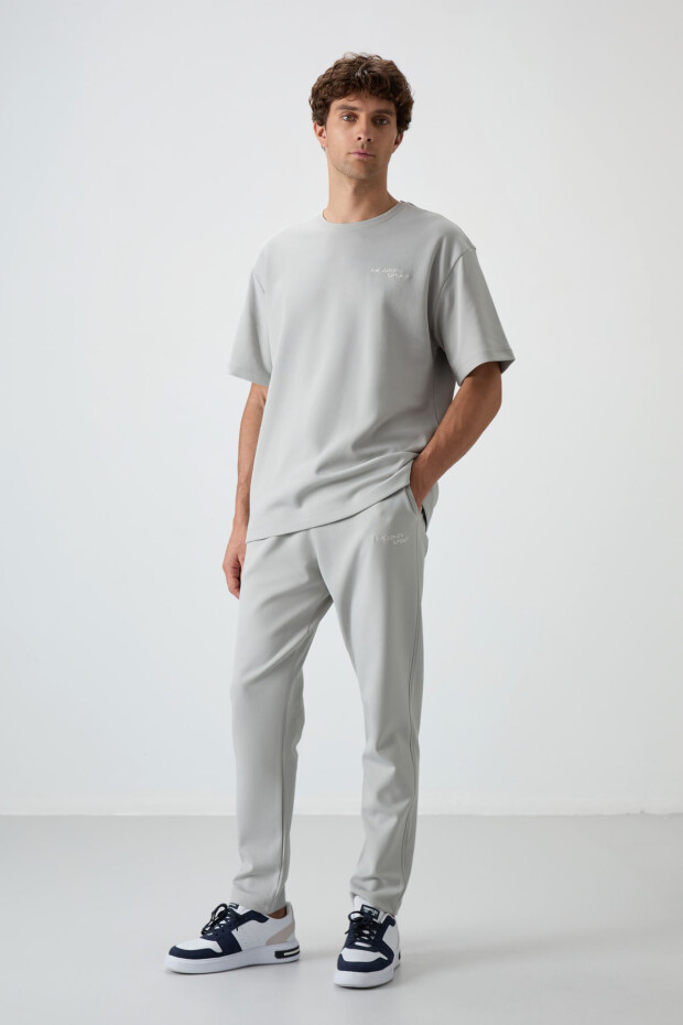 Taş Pamuklu Kalın Yumuşak Dokulu Oversize Fit Nakışlı Erkek Eşofman Takım - 85252 - 7
