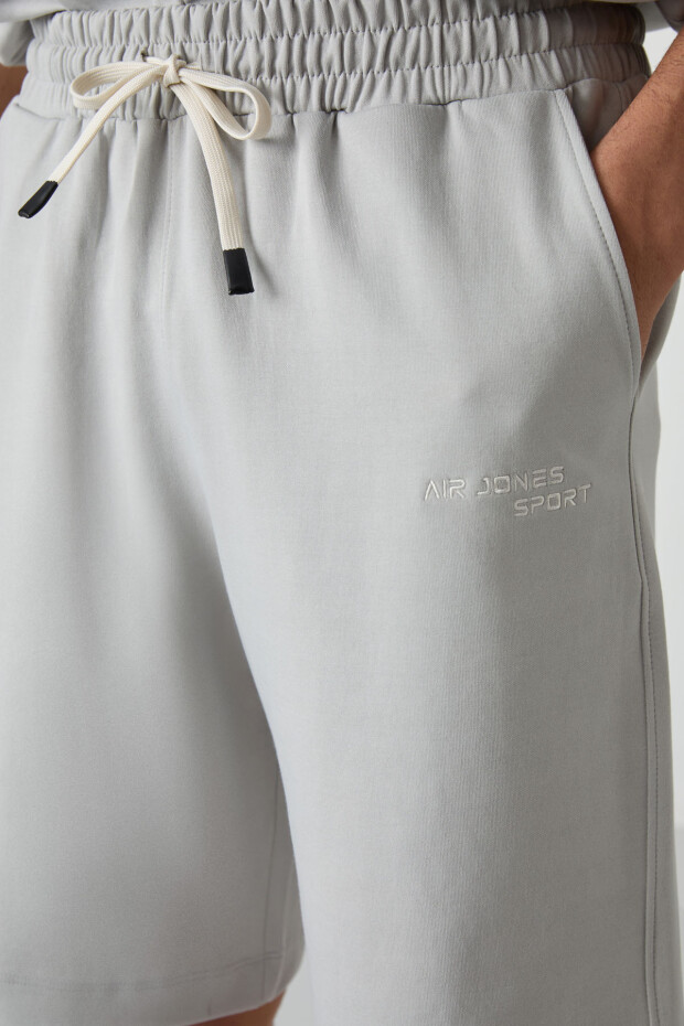 Taş Pamuklu Kalın Yumuşak Dokulu Oversize Fit Nakışlı Erkek Şort Takım - 85250 - 2