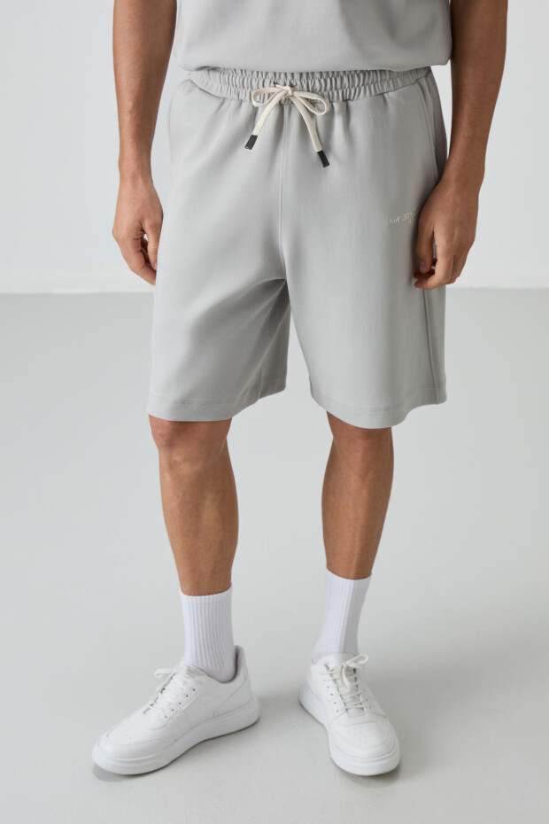 Taş Pamuklu Kalın Yumuşak Dokulu Oversize Fit Nakışlı Erkek Şort Takım - 85250 - 4