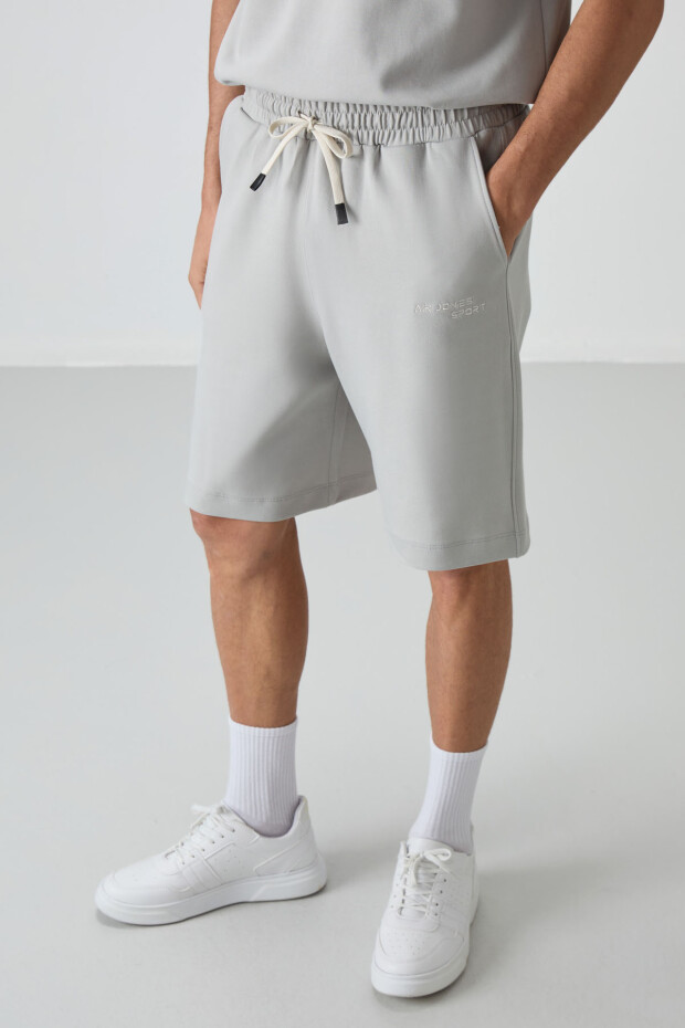 Taş Pamuklu Kalın Yumuşak Dokulu Oversize Fit Nakışlı Erkek Şort Takım - 85250 - 6