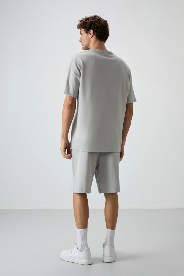 Taş Pamuklu Kalın Yumuşak Dokulu Oversize Fit Nakışlı Erkek Şort Takım - 85250 - 7