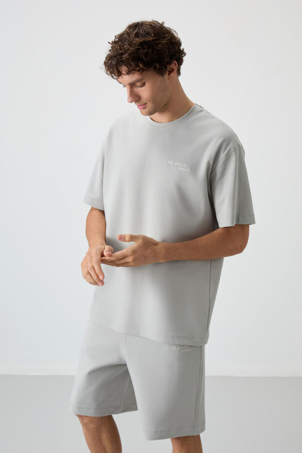 Taş Pamuklu Kalın Yumuşak Dokulu Oversize Fit Nakışlı Erkek Şort Takım - 85250 - 3