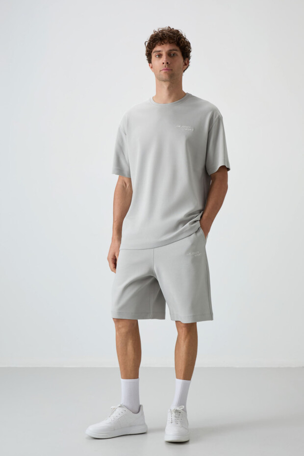 Taş Pamuklu Kalın Yumuşak Dokulu Oversize Fit Nakışlı Erkek Şort Takım - 85250 - 5