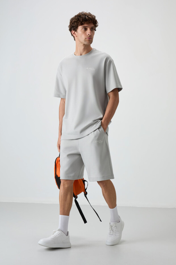 Taş Pamuklu Kalın Yumuşak Dokulu Oversize Fit Nakışlı Erkek Şort Takım - 85250 - 1