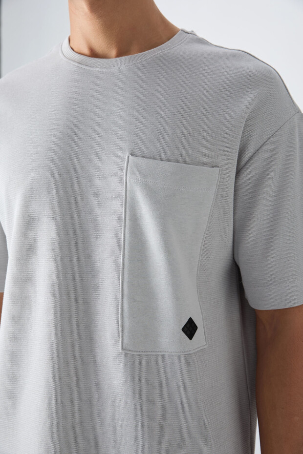 Taş Pamuklu Kalın Yüzeyi Dokulu Oversize Fit Basic Erkek T-Shirt - 88341 - 3