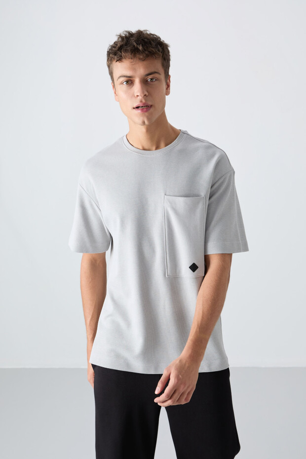 Taş Pamuklu Kalın Yüzeyi Dokulu Oversize Fit Basic Erkek T-Shirt - 88341 - 4
